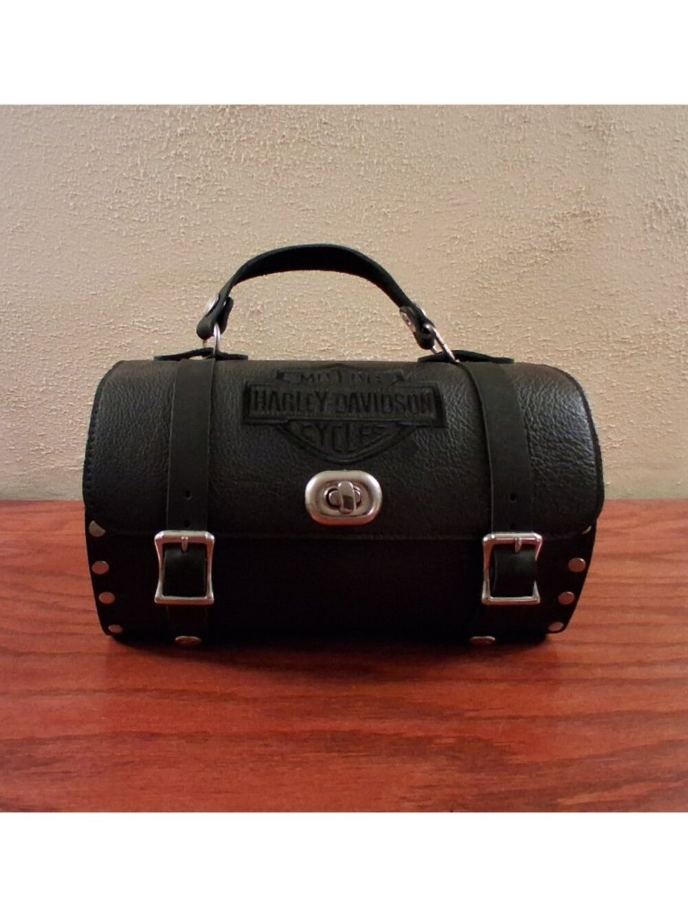 Harley Davidson Barrel Purse Handbag Black Leather Vintage Excellent Condition